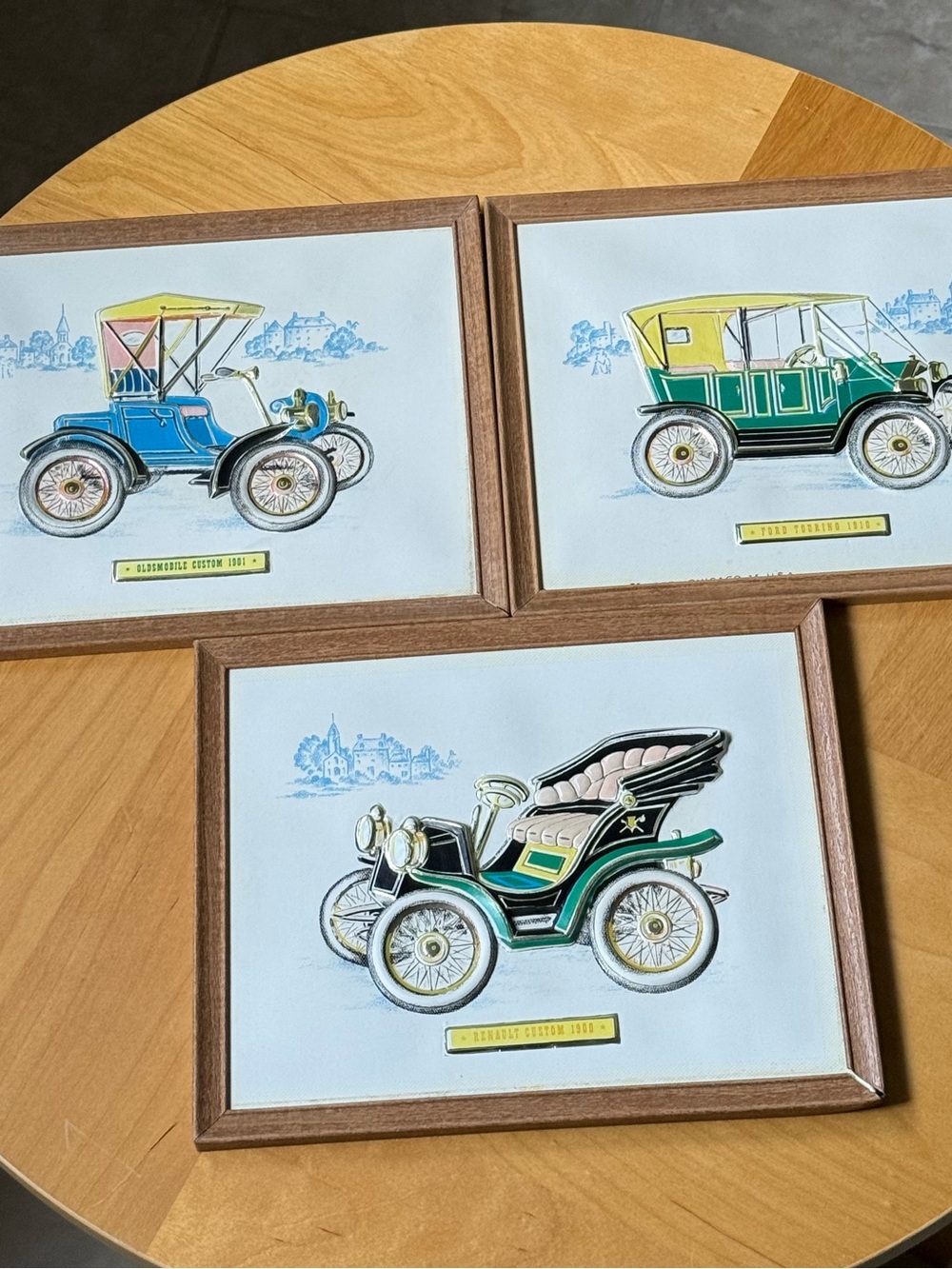 Set of 3 Vintage Hobbyist Handmade Framed Oldsmobile Ford Renault Car Wall Decor